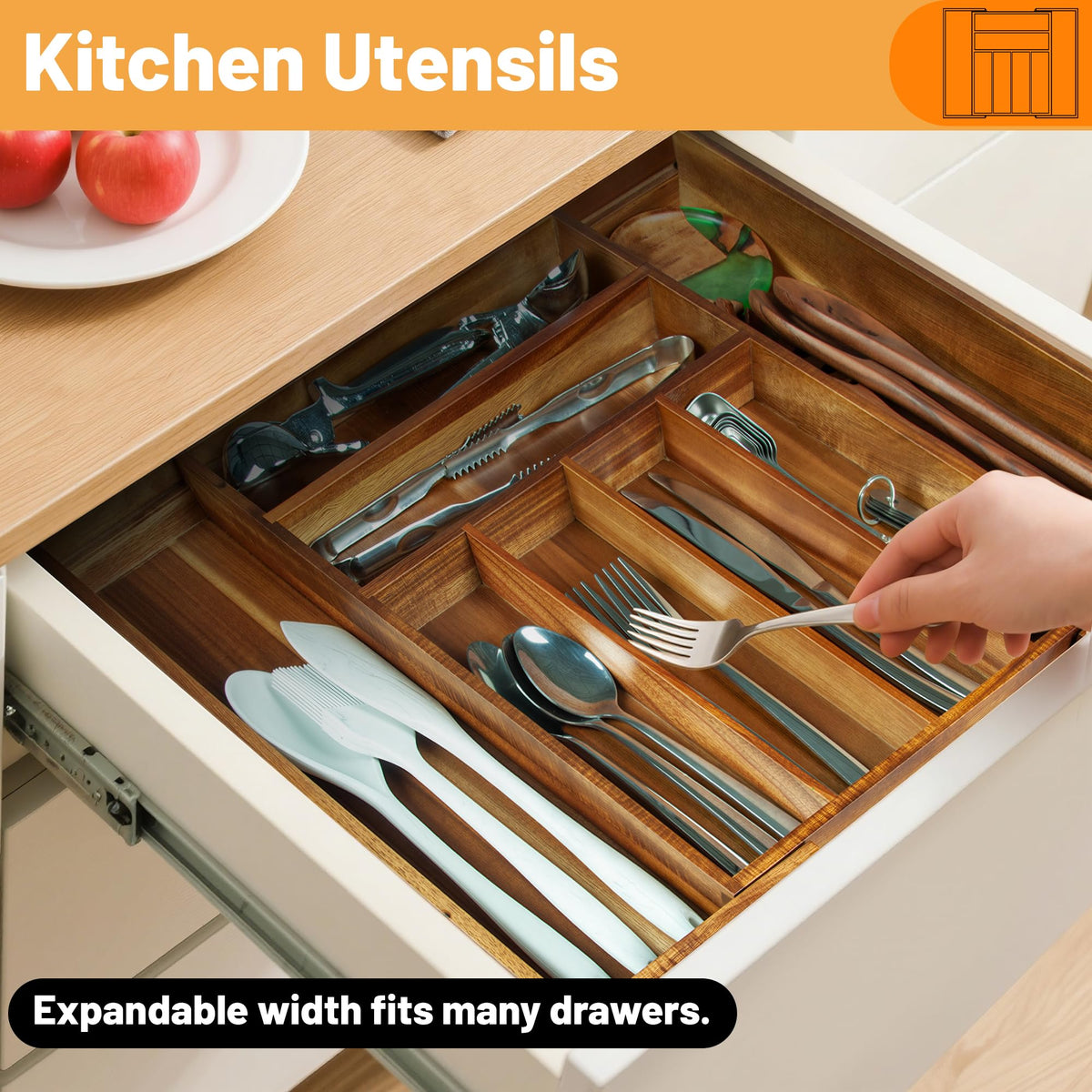 KITEISCAT Acacia Wood Expandable Silverware Organizer, Kitchen Utensil Drawer Organizer for Forks & Spoons, 8-Compartment Cutlery Tray, Flatware Holder