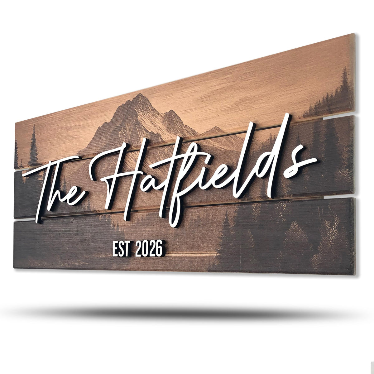 Custom Mountain Family Name Sign - Rustic Wood Wall Decor, Personalized Wedding & Gift for Couples Anniversary, Housewarming Gift for New Home 23x10" (Standard Size)