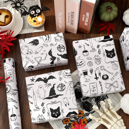 JarThenaAMCS Halloween Wrapping Paper - Mini Roll - 17 Inch x 32.8 Ft Black Cat Ghost Bat Gift Wrap Paper Single-Sided for Home Party DIY Crafts