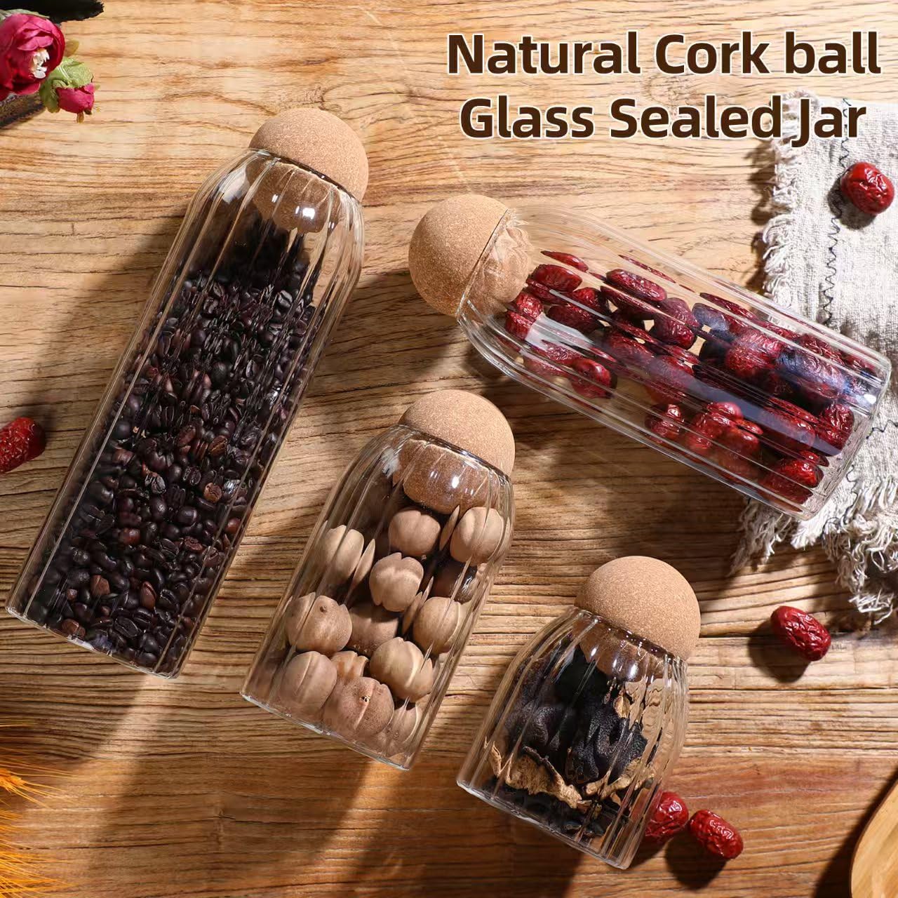 Glass Storage Jar with Ball Cork Lid, Clear Glass Canisters with Cork Ball,4Pcs High Borosilicate Glass Sealed Jar 16oz 26oz 36oz 46oz, Used for Storing Candies, Salt, Tea, Seasonings, Cookies, etc