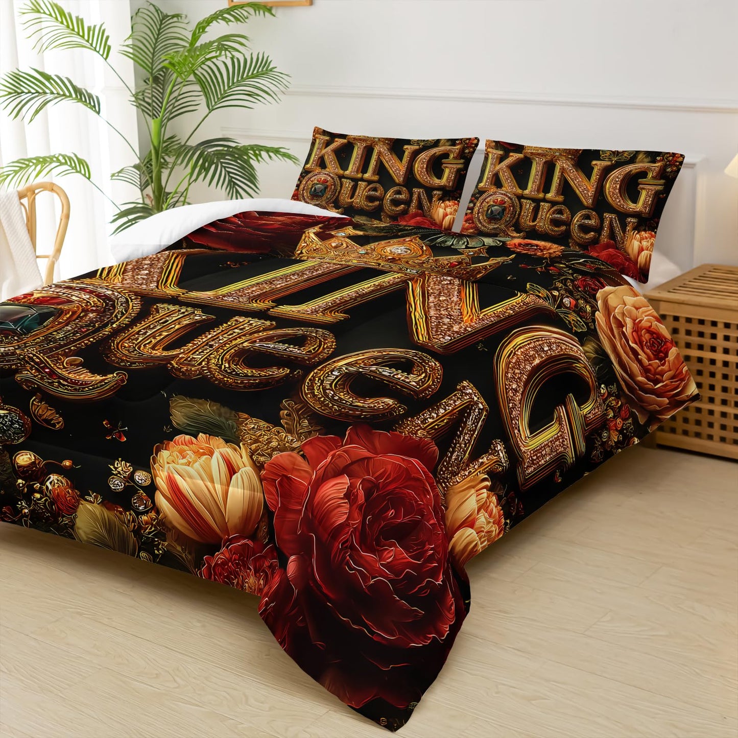 lneffble King and Queen Comforter Set Black and Gold，King and Queen Bedding Set，Red Floral Quilt Set Twin Size，with 1 Comforter with 2 Pillow Case