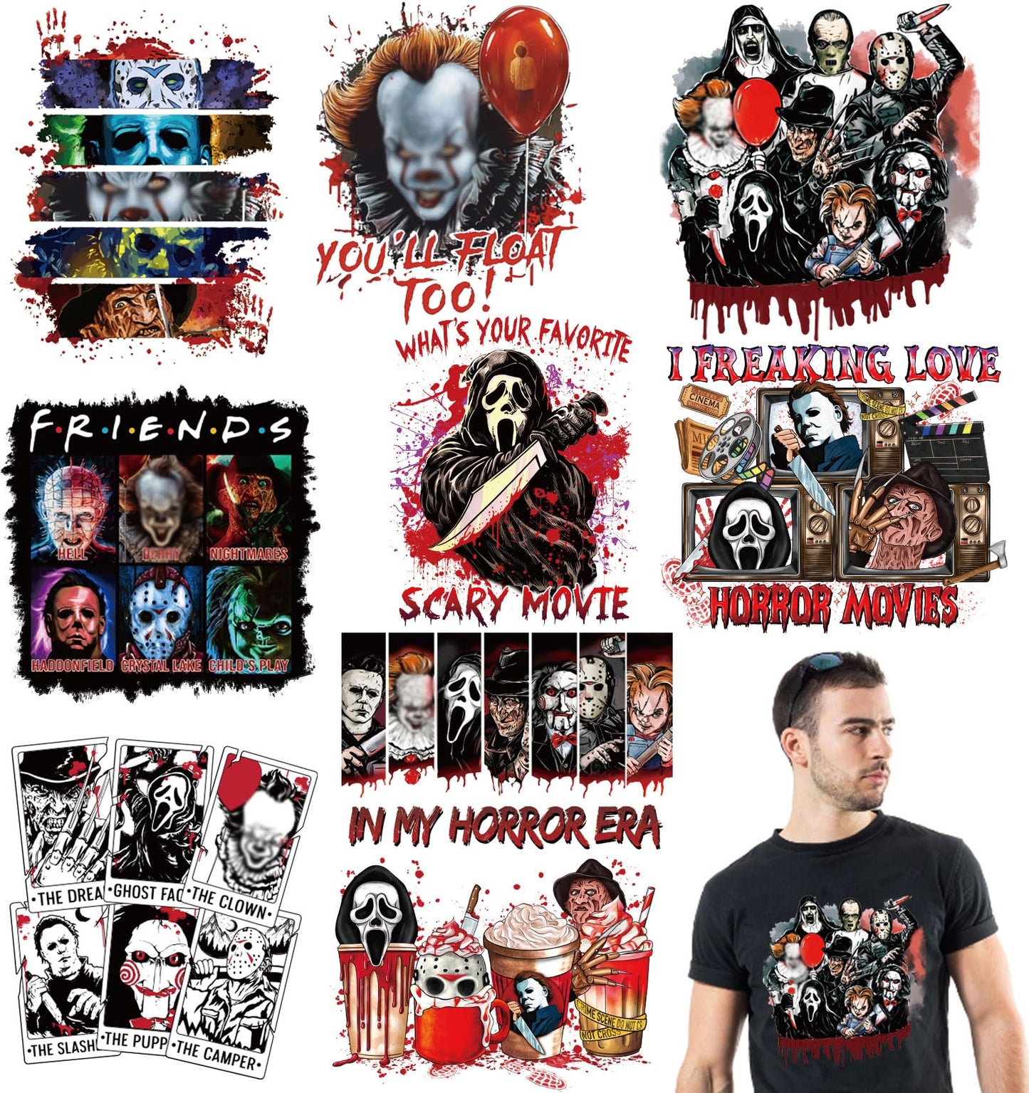 9 Sheets Halloween Iron on Transfers for T-Shirts,Halloween DTF Transfers Ready to Press Heat Transfer Vinyl,Horror Movie Iron on Patches Sticker Halloween Iron on Decals for T-Shirt Clothes DIY