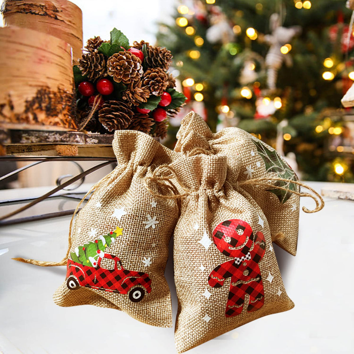 CCINEE 36pcs Christmas Burlap Bags, 4×6 Inch Drawstrings Christmas Linen Goody Gift Candy Bags with Double Jute Drawstrings for Candy Wrapper Xmas Party Favors