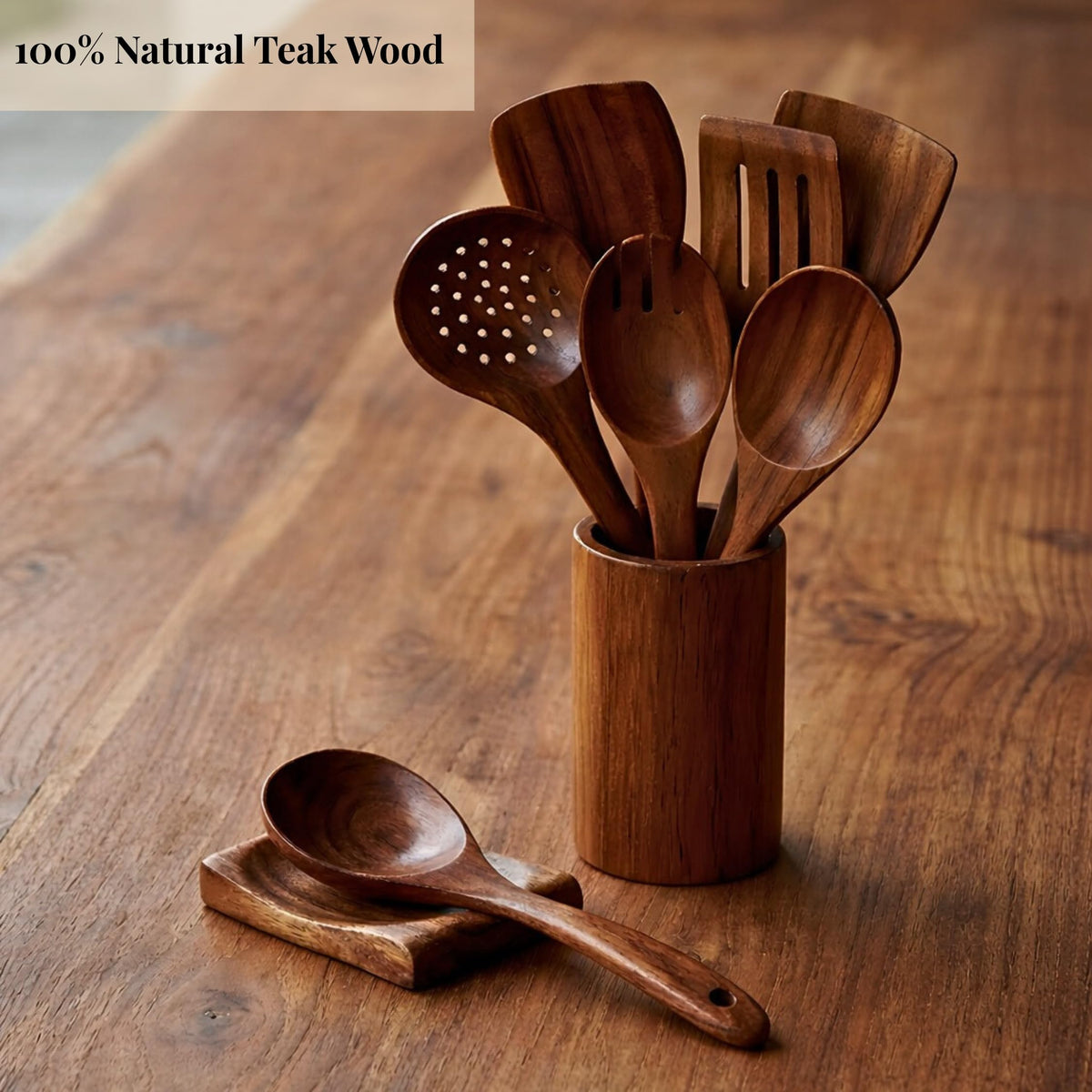 Élevé Natural Teak Wood Cooking & Serving Spoons Set (9-Piece) | Wooden Kitchen Utensils with Holder & Spoon Rest | Non-Stick Safe, Food-Grade, Durable & Elegant Cookware Tools