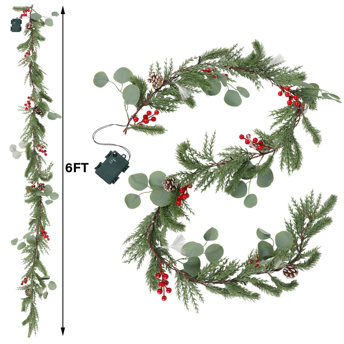 DR.DUDU Christmas Garland Decorations, 6FT Garlands with Lights Timer Indoor Decoration Pre-Lit Green Garland with Pine Cones Red Berry for Mantle Outdoor Fireplace Stairs Holiday Winter Decor