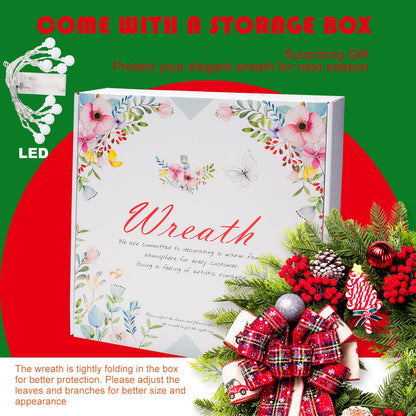Christmas Wreaths for Front Door, 20 Inch Lighted Artificial Christmas Door Wreath with Candy Lollipops Ball Bow, Holiday Decorations for Home Decor