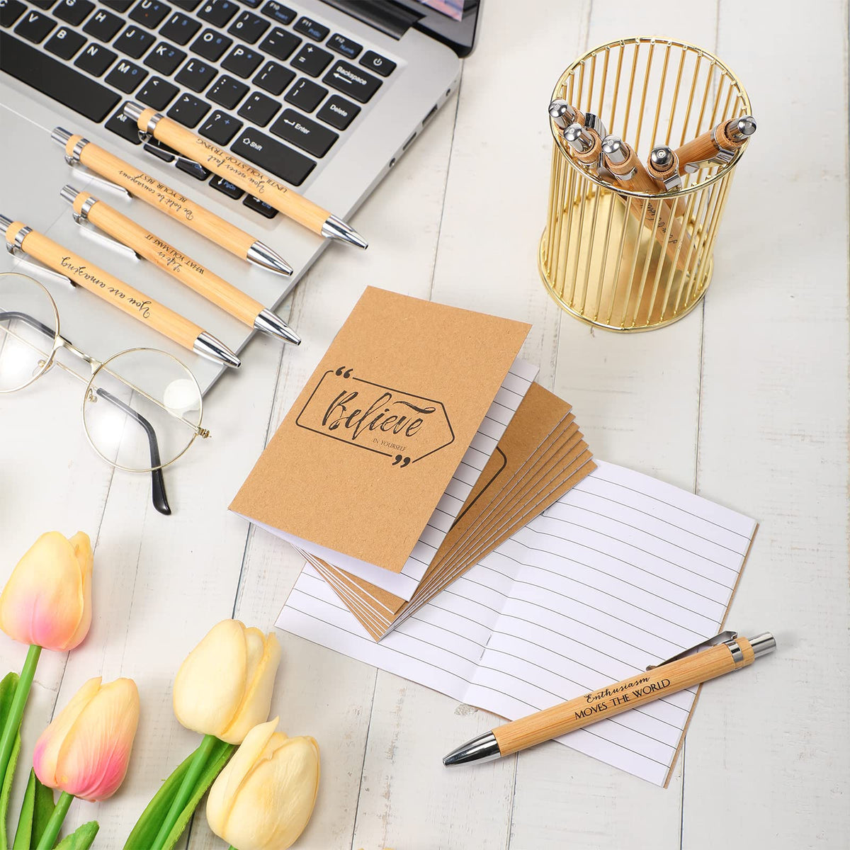 Fulmoon 60 Pcs Motivational Pens Inspirational Notebooks Gifts Bulk Inspirational Ballpoint Pen Small Note Pads Appreciation Gifts for Employee Volunteer Teachers Student Grad Party Favor (Brown)
