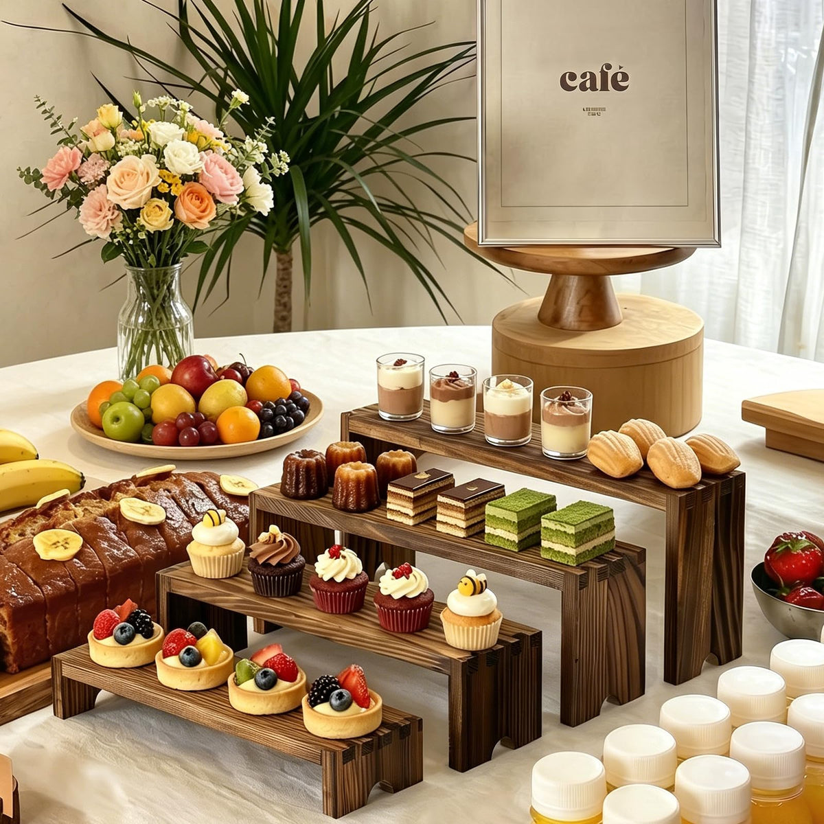 2 Set Wood Risers Tiered Display Stands Wooden Cupcake Stand Small Perfume Organizer Stackable Food Display Risers for Party Dessert Table Cologne Organizer Wood Risers for Decor Vendor, Brown