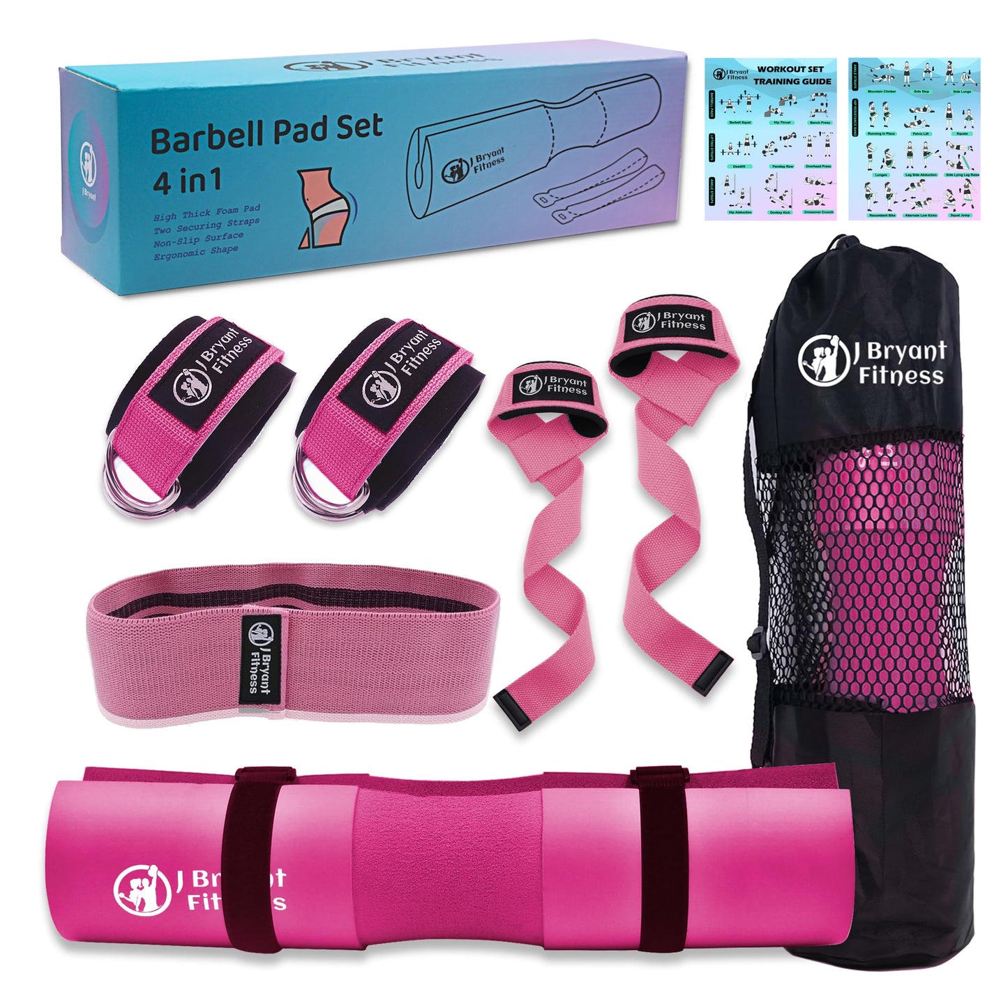 J Bryant Barbell Pad Set with 2 Ankle Straps for Cable Machines Hip Resistance Band Weight Lifting Straps Thick Cushion Hip-Thrusts Pad with Carry Bag for Squats Bench Press Workout