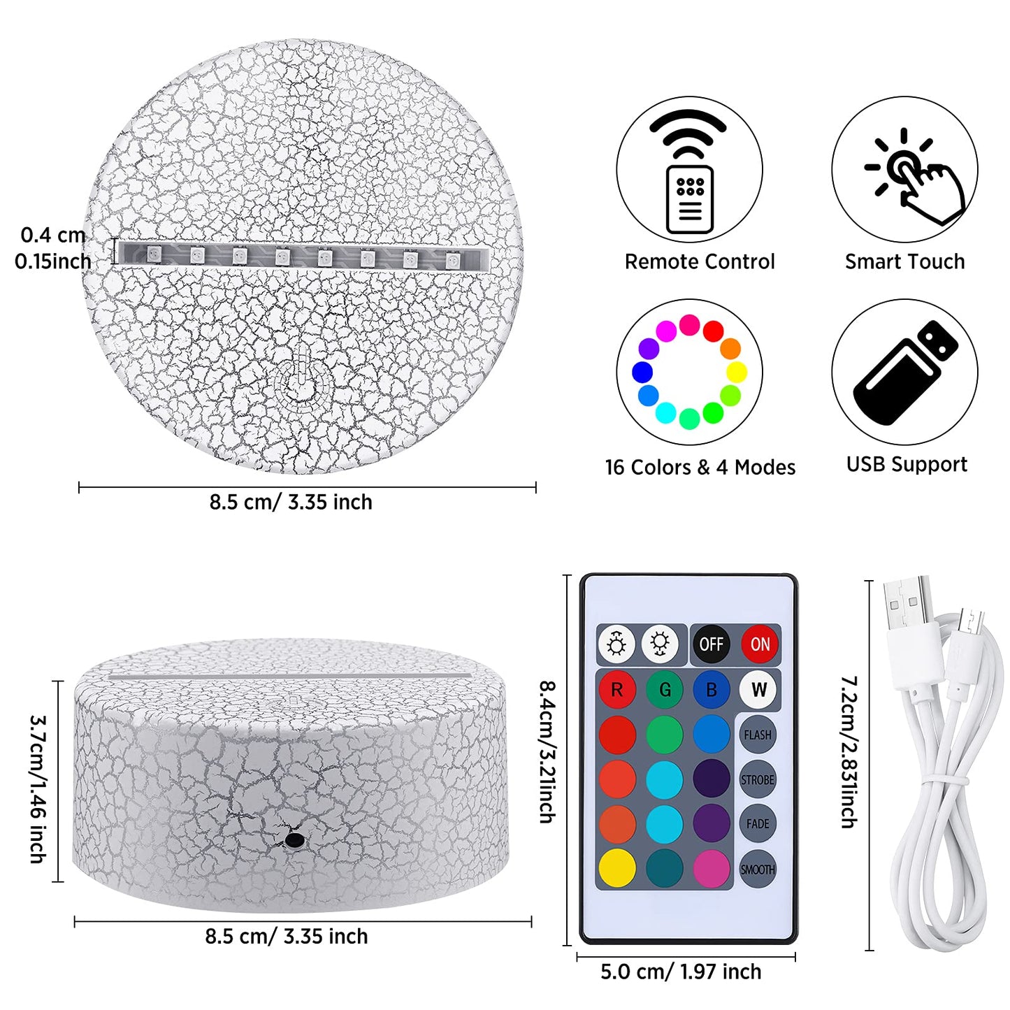 Honoson 4 Pieces 3D LED Lamp 16 Color Illusion Light Crack Night Base Battery or USB Operated Remote Control Light Stand Base for Christmas, Birthday
