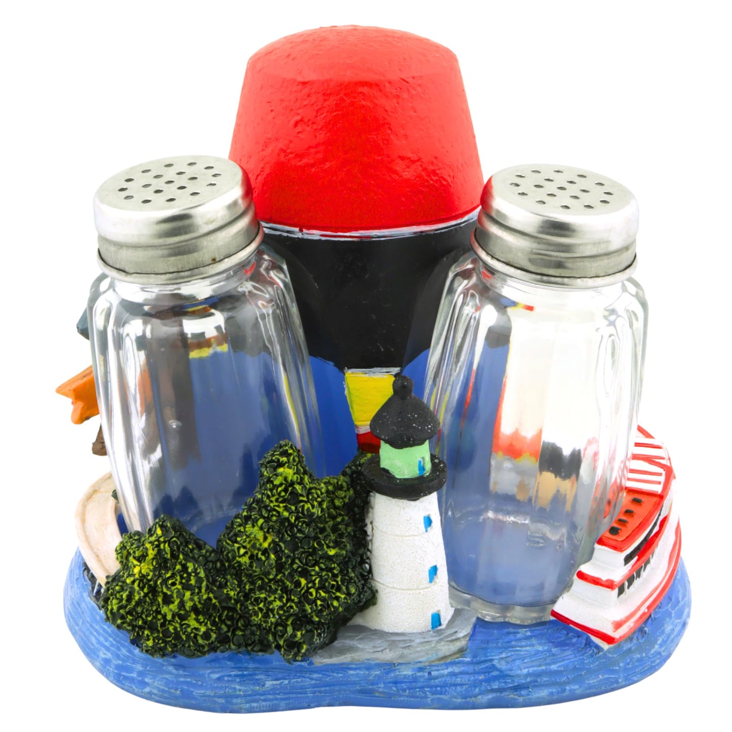 Key West Collage Salt and Pepper Shaker Holder Set with Glass Shakers, Tabletop Accessory for Kitchen, 4.5 Inches