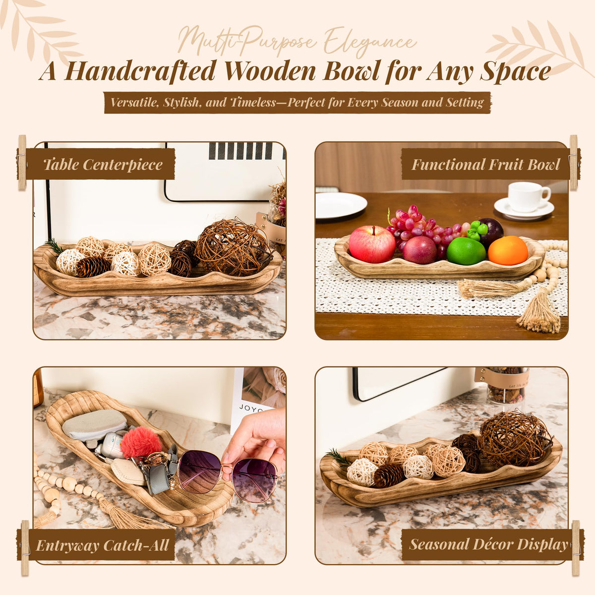Kondito Wavy Edge Wooden Dough Bowl for Decor 16" L Lightweight Paulownia Wood Hand Carved Decorative Wooden Farmhouse Fruit Bowl Handmade, Home Decoration Centerpiece, Table Display Bowl