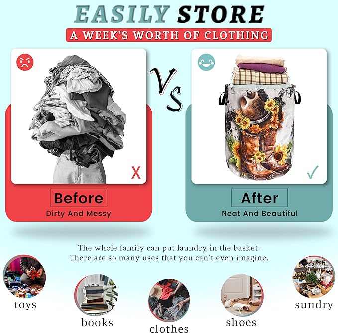 Retro Cows Laundry Basket Western Cowboy Foldable Funny Laundry Hamper Oxford
