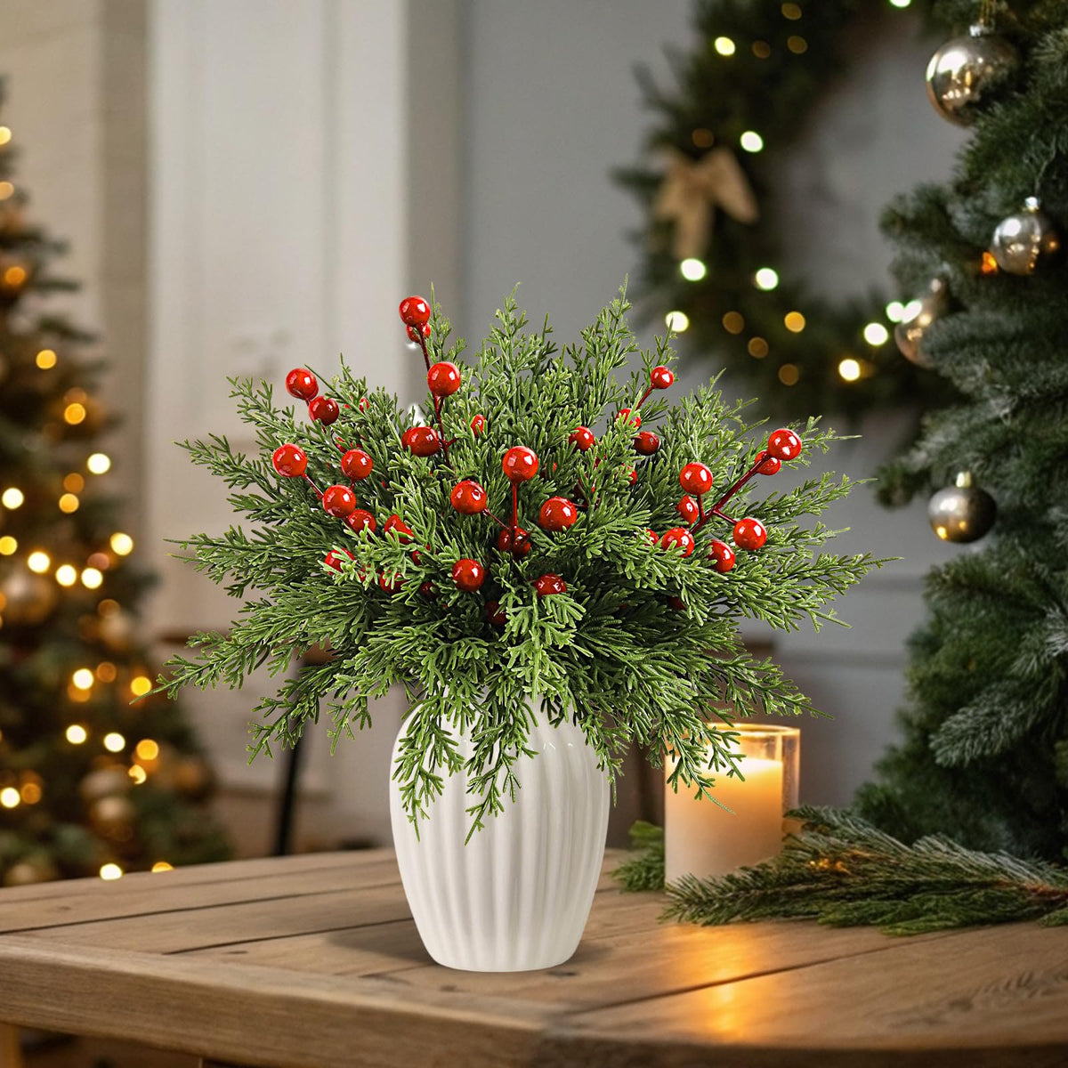 60Pcs Christmas Decorations-11.8'' Artificial Pine Branches with 7.9'' Red Berry Stems, Christmas Decor Faux Pine Greenery Stems, Christmas Tree Decorations & Christmas Picks for Indoor Outdoor