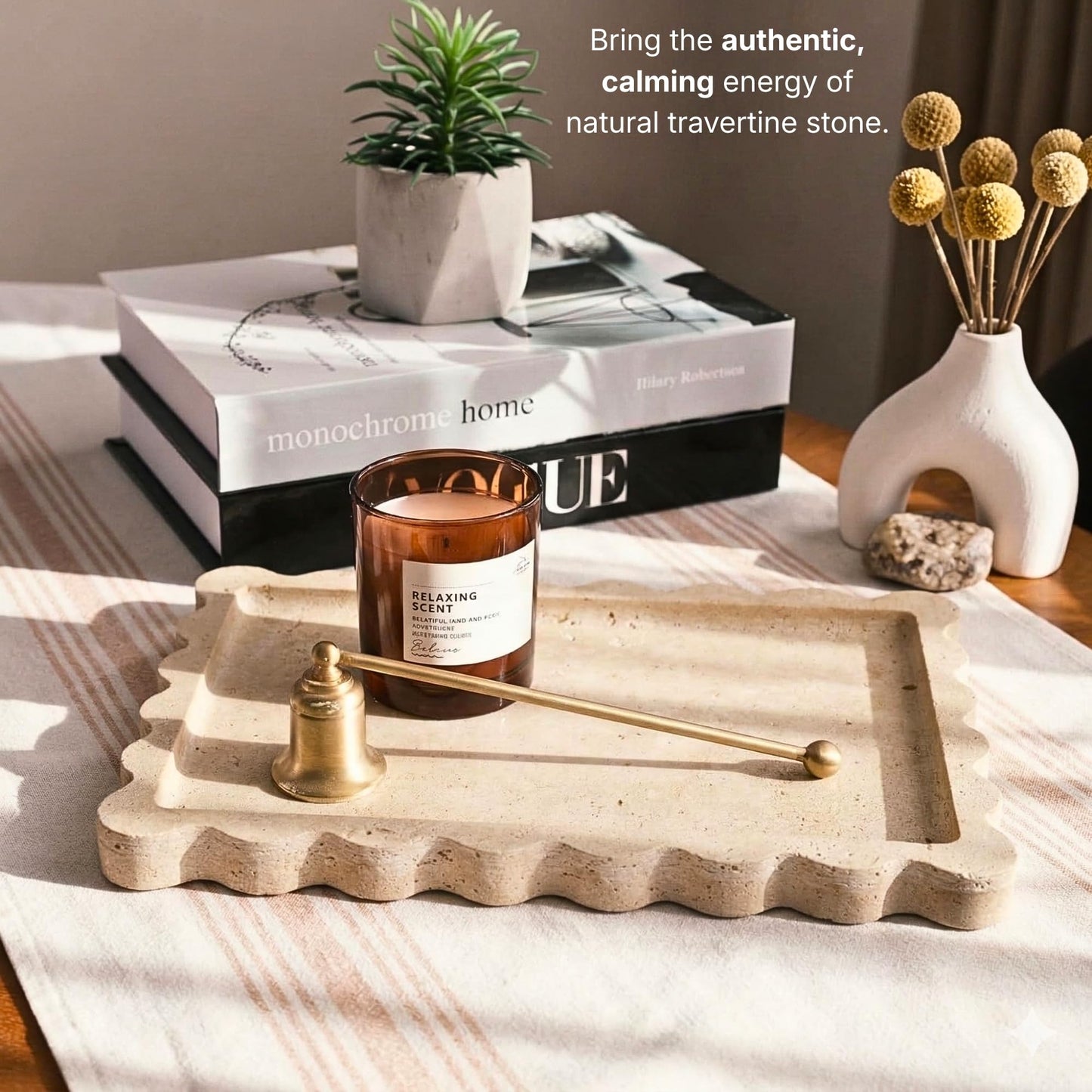 Veinova Scalloped Travertine Tray, Elegant Decorative Natural Marble Tray for Vanity, Bathroom, Kitchen and Home Decor, Pure Natural Stone, Premium Packaging, Large (12"x 8")