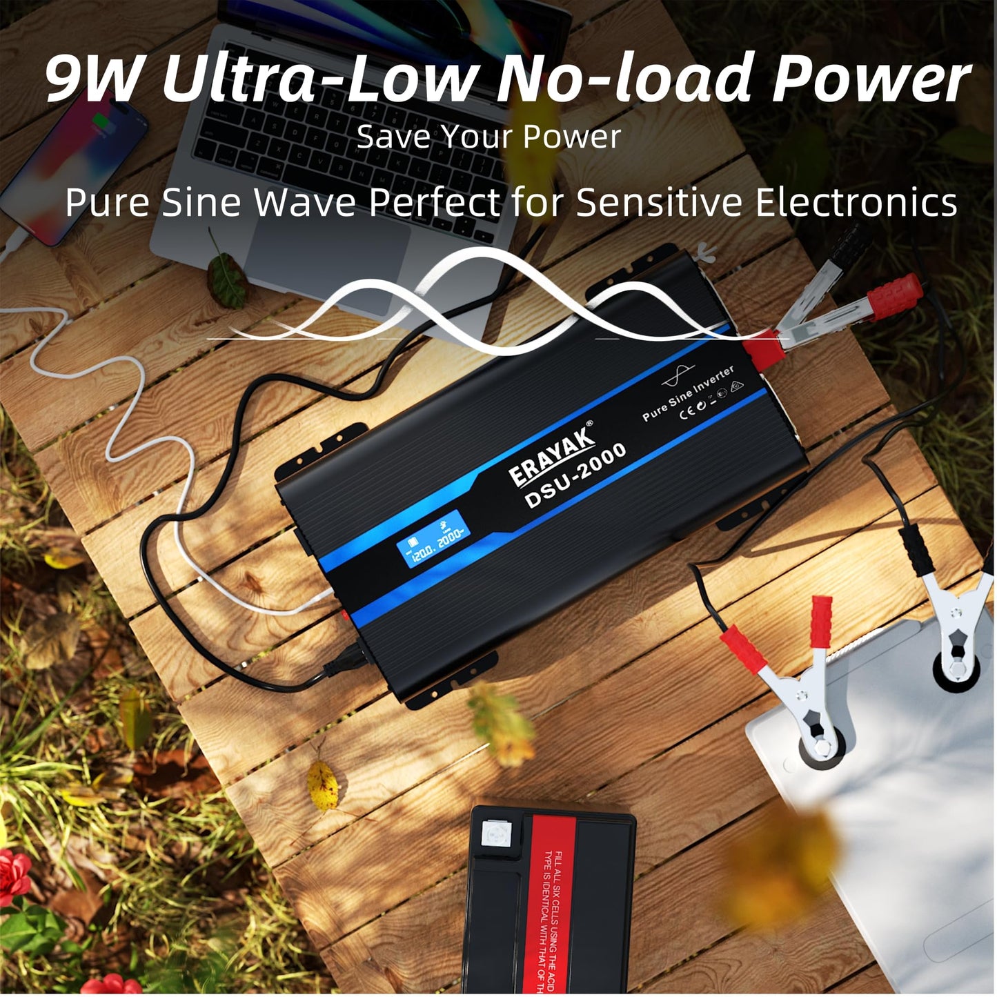 Erayak 2000W Pure Sine Wave Power Inverter 12V DC to 110V 120V AC Converter for Home, RV, Truck, Off-Grid Solar with 18W USB-C, Fast Charger, LCD Monitor, 6m Remote Controller