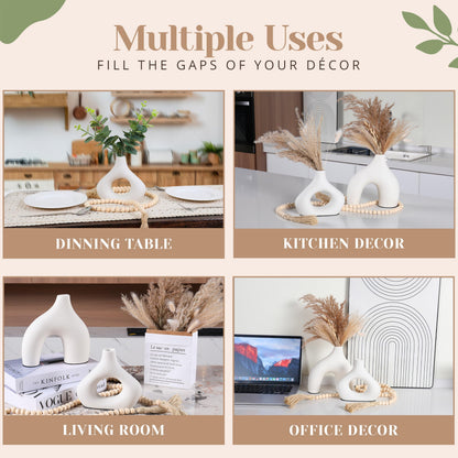 LUSHAURA Donut Vase Set | 2 Modern Boho Vases - 58" Wooden Garland & Felt Pads | Scandinavian Home Decor - White Vases for Flowers - Entry Table Decor - Boho Shelf Decor - Organic Modern Home Decor