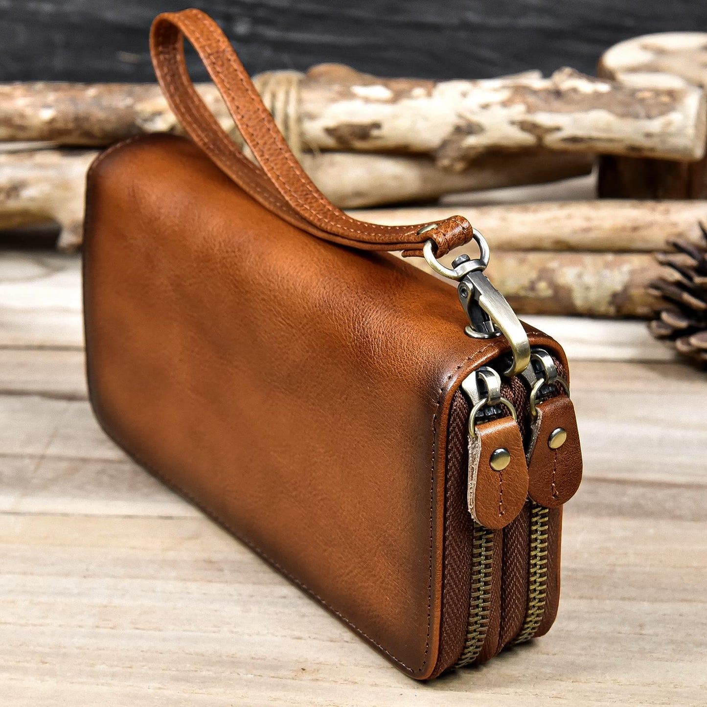 LUUFAN Men's Genuine Leather Clutch Bag Double Zipper Purse 4 Interlayer Zip-Around Wallet (Brown 4)