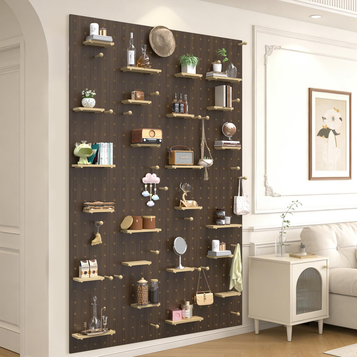 Wooden Pegboard Wall Organizer Kit, Modular DIY Peg Board Panels with Hooks, Pegboard Storage System Combination Set for Garage Office Craft Room Bedroom Kitchen, Living Room (Brown, 80X120CM)