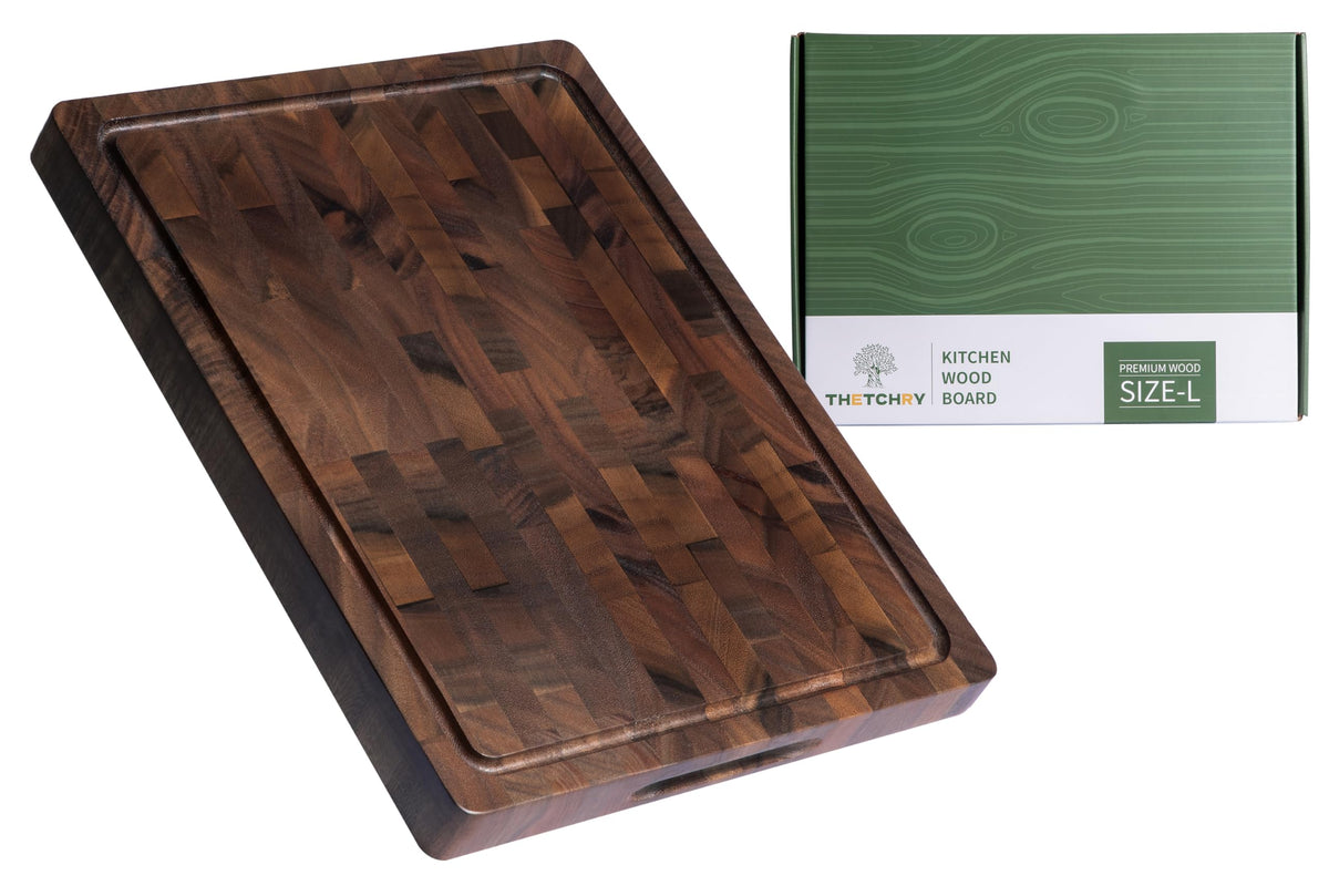 THETCHRY Walnut Wood Cutting Boards for Kitchen, End Grain Chopping Board Double Sided, Large Cutting Board with Handle, Charcuterie Butcher Block for Meal Prep & Serving with Gift Box, 17"×13"×1"