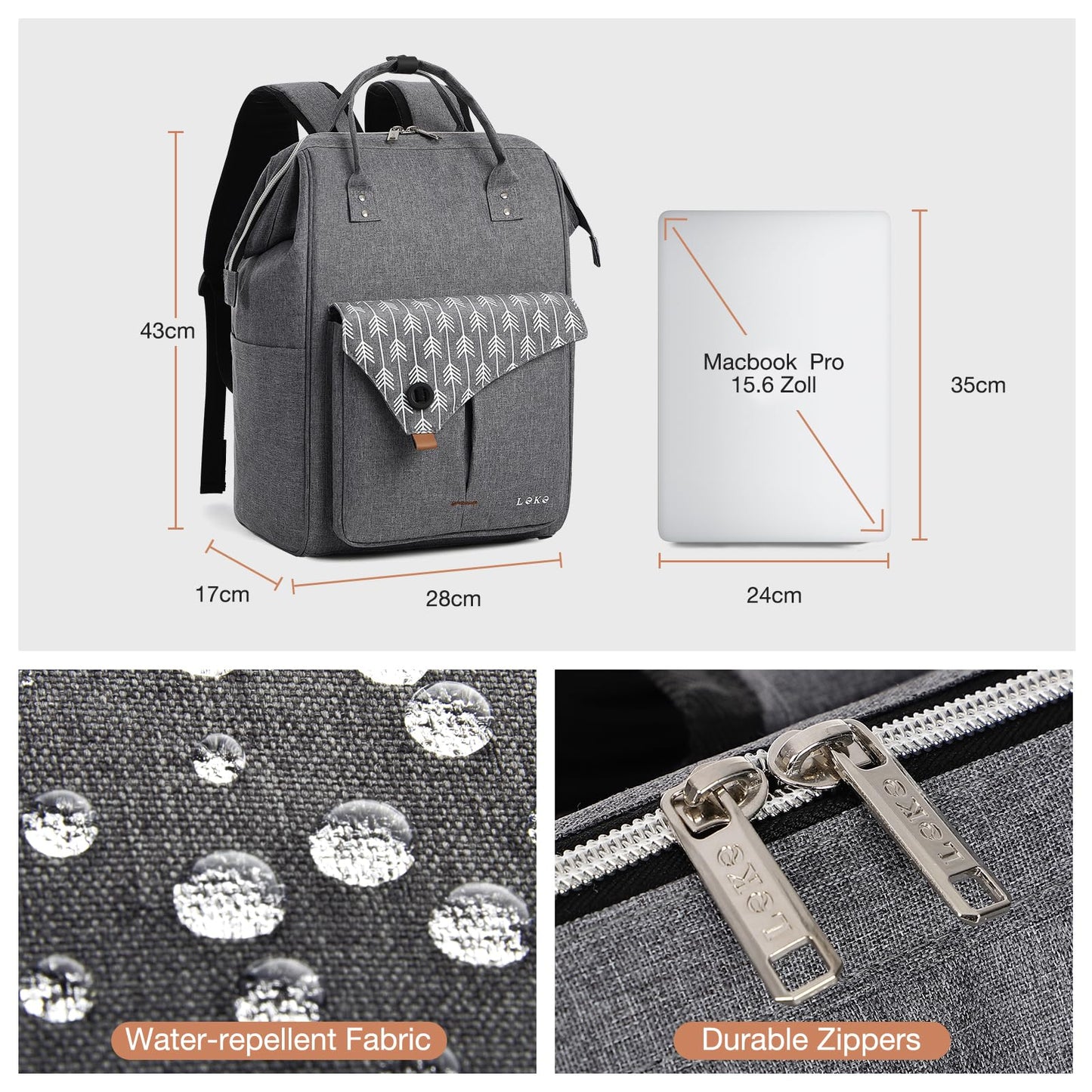 Lekesky Laptop Rucksack Bag 15.6 Inch Computer Backpack School Bag for Travel Business College Women Men- Grey