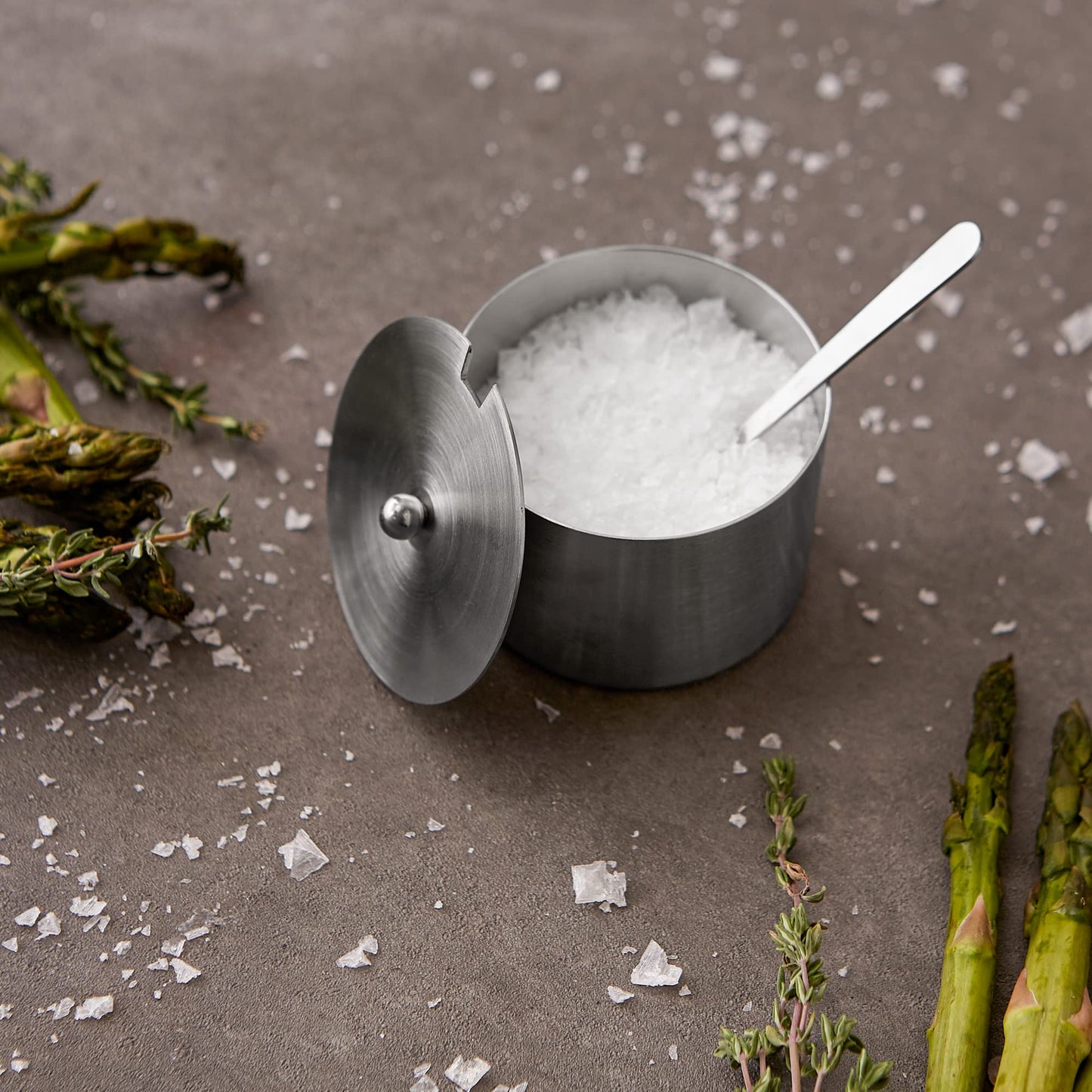 RSVP International Endurance Kitchen Collection Salt Cellar Set with Spoon, 4-Ounce, Brushed Stainless Steel