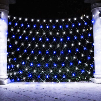 weillsnow 198 LED 9.8ft x 6.6ft Christmas Net Lights, Connectable 8 Lighting Twinkle Modes Mesh Lights for Christmas Outdoor Patio Garden Bush Fence Decorations (Blue & White)