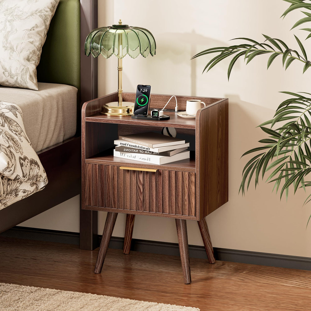 Huuger Nightstand with Charging Station, USB-C Port, Fluted Night Stand Set of 2, Bed Side Table with Drawer, Solid Wood Feet, Open Storage, End Table with Raised Edge, for Bedroom, Walnut