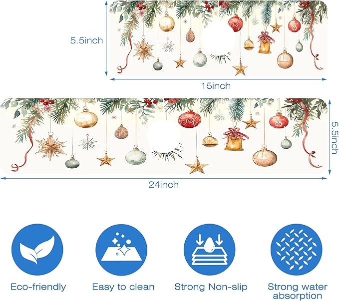 Christmas Star Balls Bells Kitchen Sink Splash Guard Mat Absorbent Fast Drying