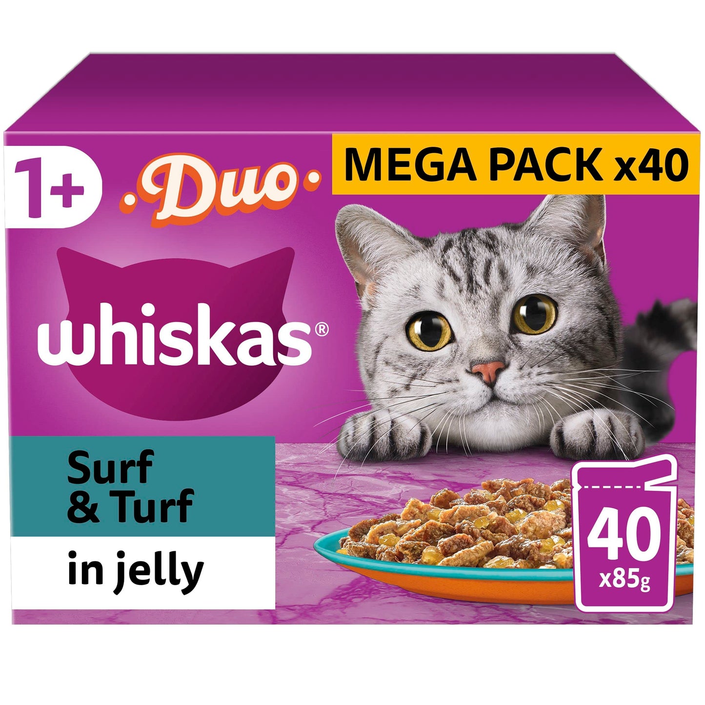 WHISKAS - 1+- Adult Wet Cat Food Pouches - 40 x 85 g - Surf and Turf in Jelly - Bulk Cat Food Megapack - 40 Pouches