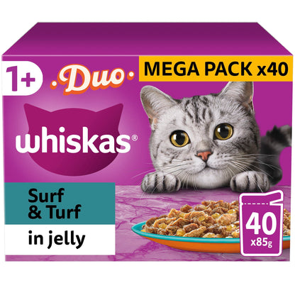 WHISKAS - 1+- Adult Wet Cat Food Pouches - 40 x 85 g - Surf and Turf in Jelly - Bulk Cat Food Megapack - 40 Pouches