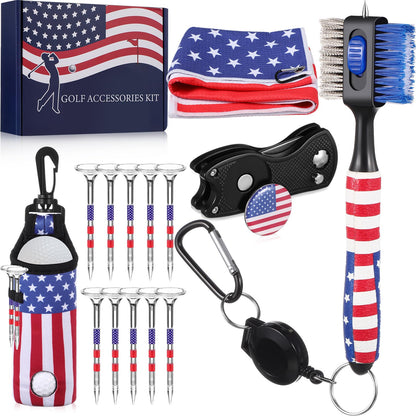 WinnerWhy 15Pcs American Flag Golf Accessories Kit, Include Golf Towel Plastic Golf Tee Golf Ball Bag with Hook Golf Divot Tool with Magnetic Ball Marker Golf Club Brush 4th of July Golf Gifts for Men