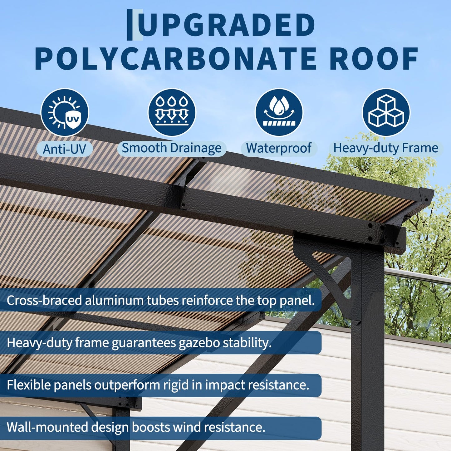 Hetoy 10 x 10 FT Wall Mounted Gazebo Pergola for Patio, Hardtop Gazebo with Sloped Polycarbonate Roof, Lean to Carport with 4-Pillar Aluminum Frame, Outdoor Garden Deck Shade for Decks, Backyard