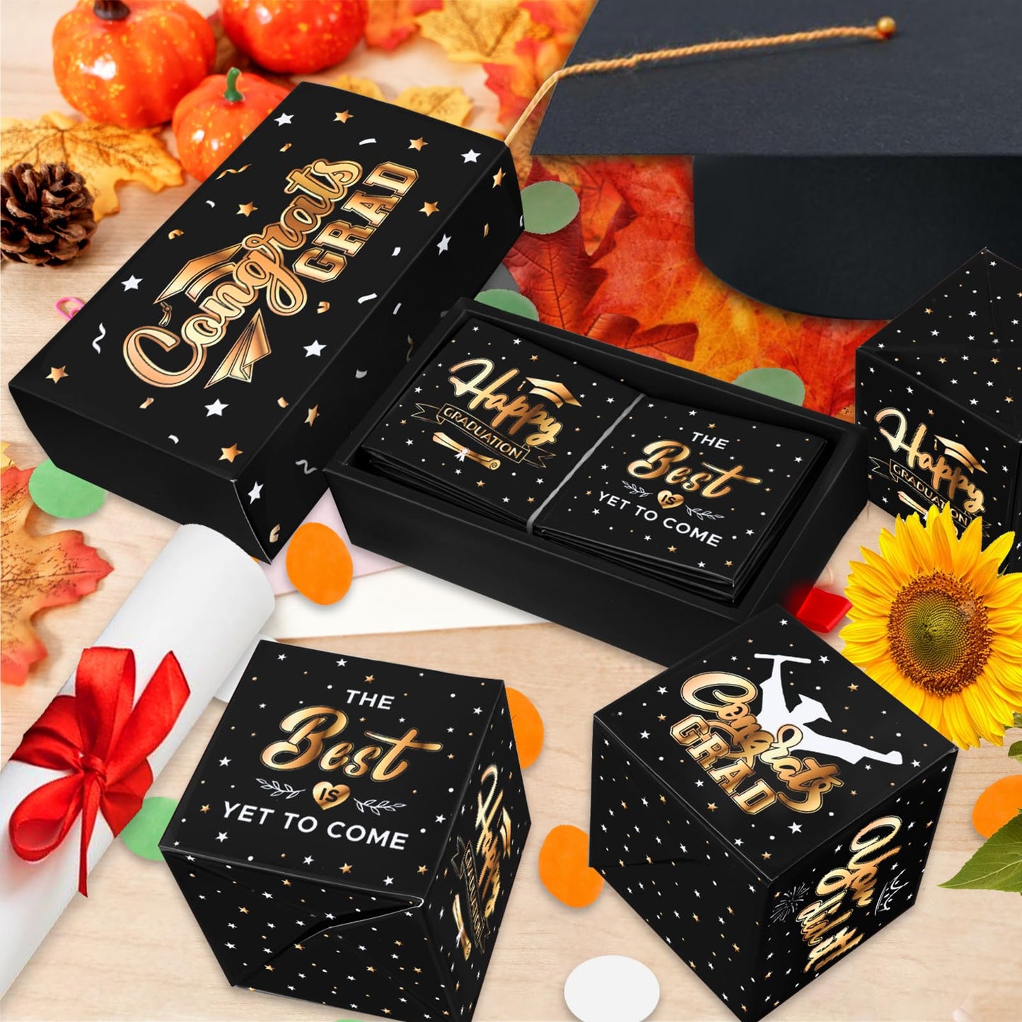 WenmthG 2026 Graduation Surprise Gift Box Explosion for Money - 10 Pcs Grad Pop Out Folding Bounce Money Gift Box with Confetti - Cash Gift Idea for Grad - Graduation Money Bank Party Supply (Black Gold)