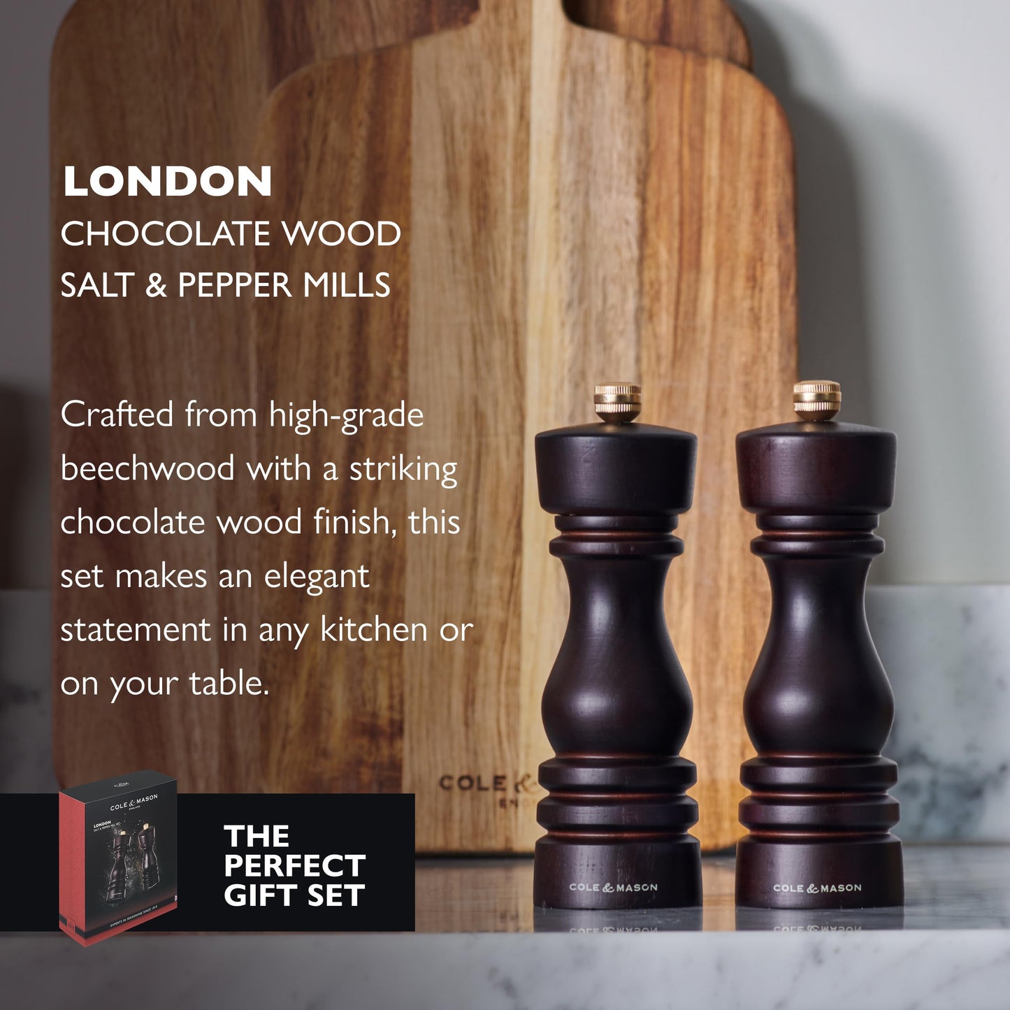 Cole & Mason London Refillable Spice Mill - Kitchen & Home Accessory - Salt and Pepper Grinder Set with Ceramic and Carbon Steel Mechanism - 7", Chocolate Wood