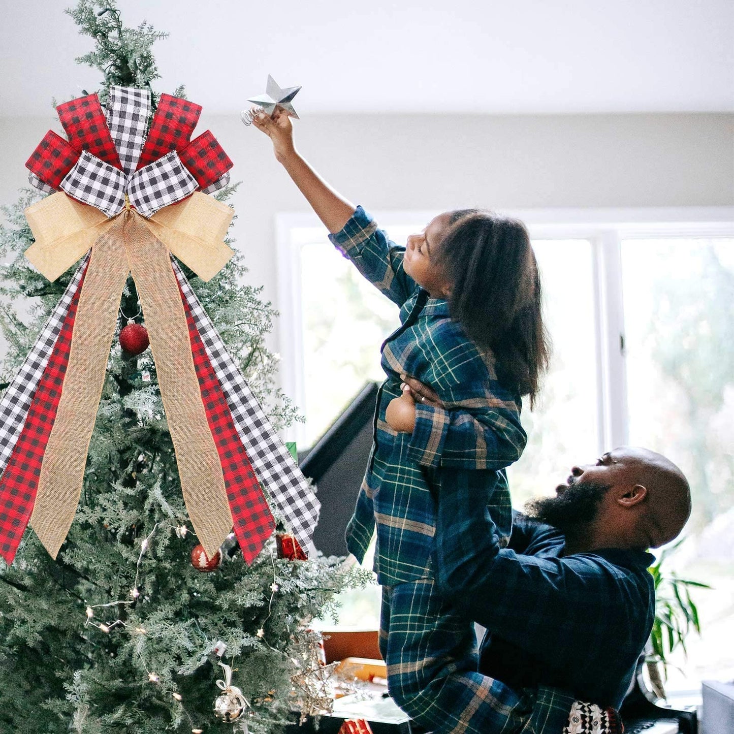 Svnntaa Christmas Tree Topper Buffalo Plaid Decorative Bow,Handmade Farmhouse Large Door Bows Banister Bow Christmas Bows for Holiday Home Decor