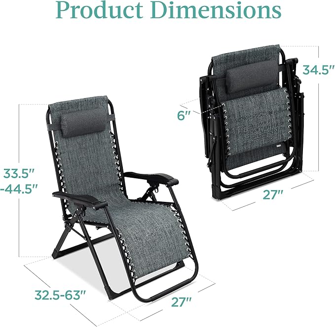 Best Choice Products Oversized Zero Gravity Chair, Folding Outdoor Patio Recliner, XL Anti Gravity Lounger w/Removable Cushion, Cup Holder, Side Tray, 350lb Capacity - Fossil Gray