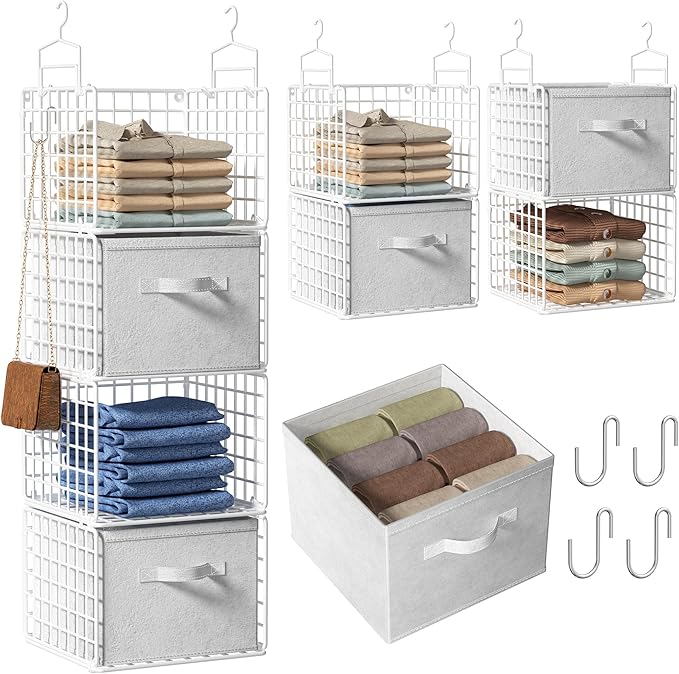 Hanging Closet Organizer with Drawers, 4 Tier Metal Closet Organizers and