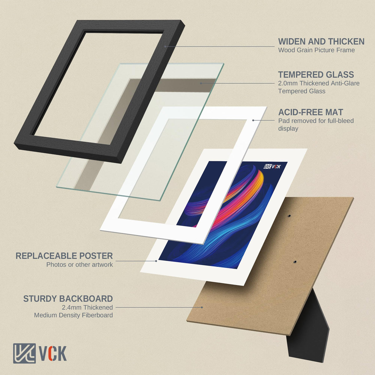 VCK 5x7 Picture Frame Black - 5 Pack, with Tempered Glass, Displays 4x6 Photo with Mat or 5 x 7 Without, for Horizontal/Vertical Tabletop & Wall Hanging in Home, Office, or Gallery