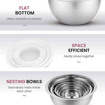 FineDine Mixing Bowls Set , 10 Piece Set ,(5 Bowls +5 Lids) Stainless Steel