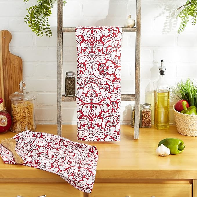 DII Cotton Dish Towel Set Damask Print, Tango Red