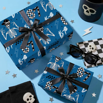 RUSPEPA 67 Skeleton Wrapping Paper Roll, Mini Roll, Blue Cool Street Style 67 Meme Design with Skeleton, Checkered & Lightning, Funny Gift Wrap for Kids, Boys, Teens, Birthday, 17 Inches x 16.4 Feet