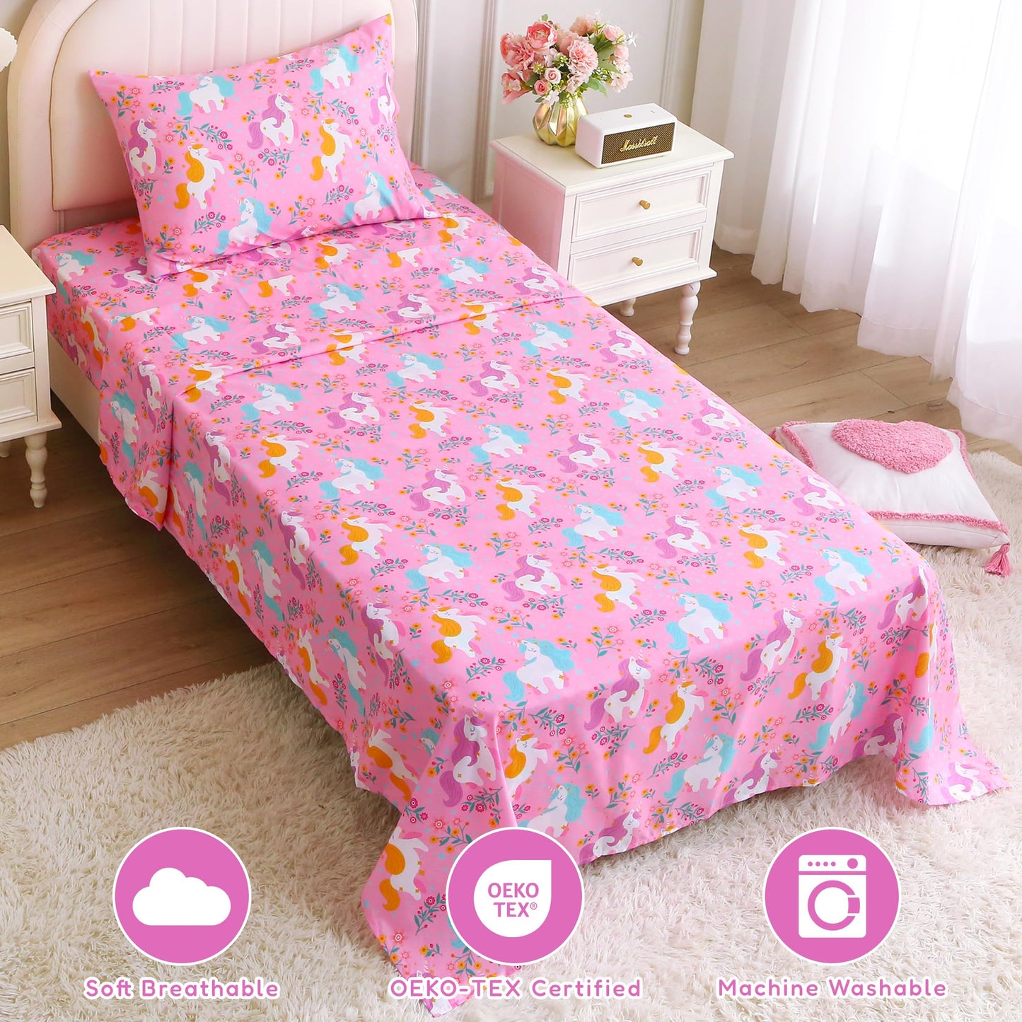 Softan Kids Twin Sheets Set, 3 Piece Unicorn Bedding Set for Girls, Soft Breathable Microfiber with 15" Deep Pocket, Fitted Flat Sheet & Pillowcase