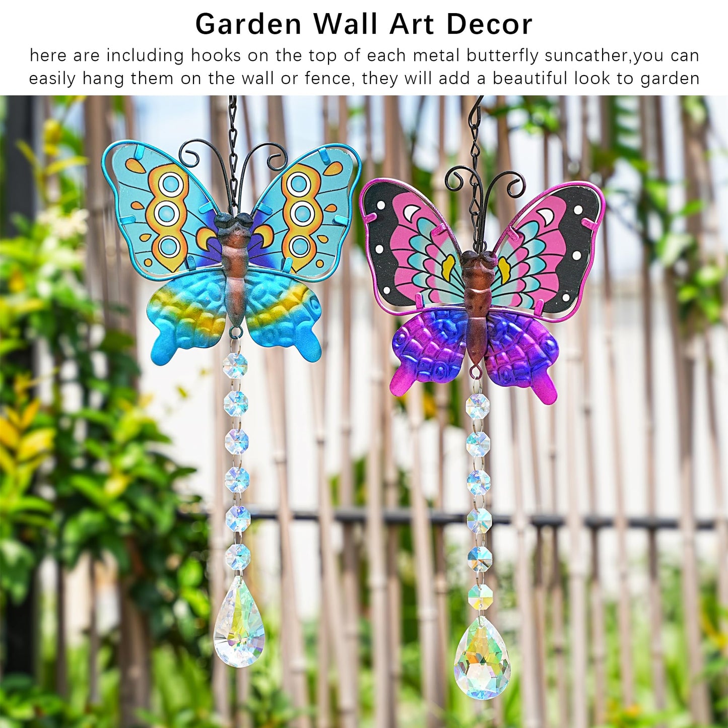 Set 2 Metal Butterfly Suncatchers for Windows - 14" Outdoor Fence Wall Art Decor, Rainbow Prisms Sun Catchers with Crystals Hanging for Home Garden Ornament for Christmas Tree