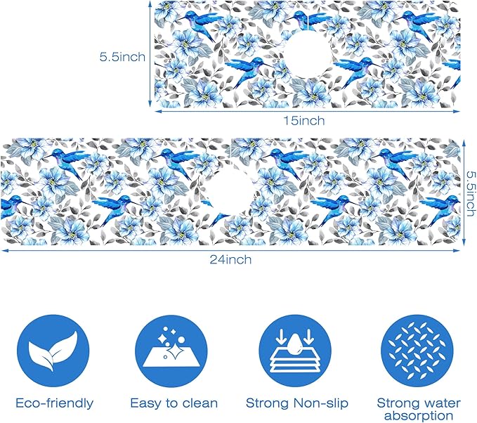 Kitchen Sink Splash Guard Faucet Mat Blue Floral and Hummingbird Absorbent Fast