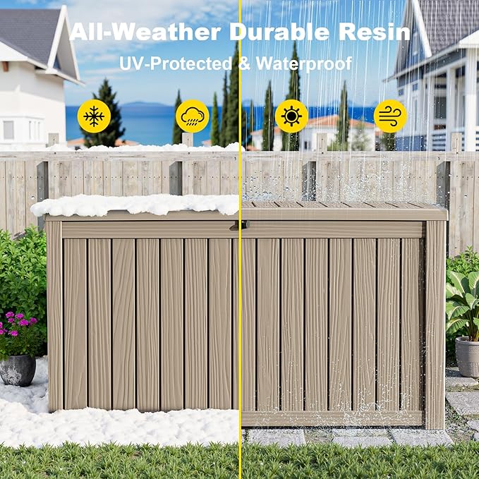 200 Gallon Outdoor Deck Box, Lockable Waterproof Outdoor Storage Boxes For Garden Tools,Indoor Cushions,Accessories Outside Storage Resin Weatherproof Container(Grey)