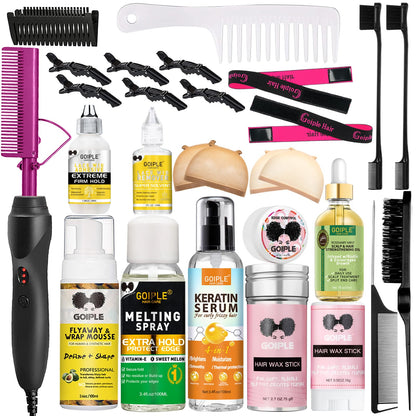 Goiple Electric Hot Comb Pink Hair Straightener Electrical Straightening Comb Curling Iron for Natural Black Hair Wigs with Wide Tooth/Rat Tail Comb, Wax Stick, Wig Cap, Edge Band, Hair Clips