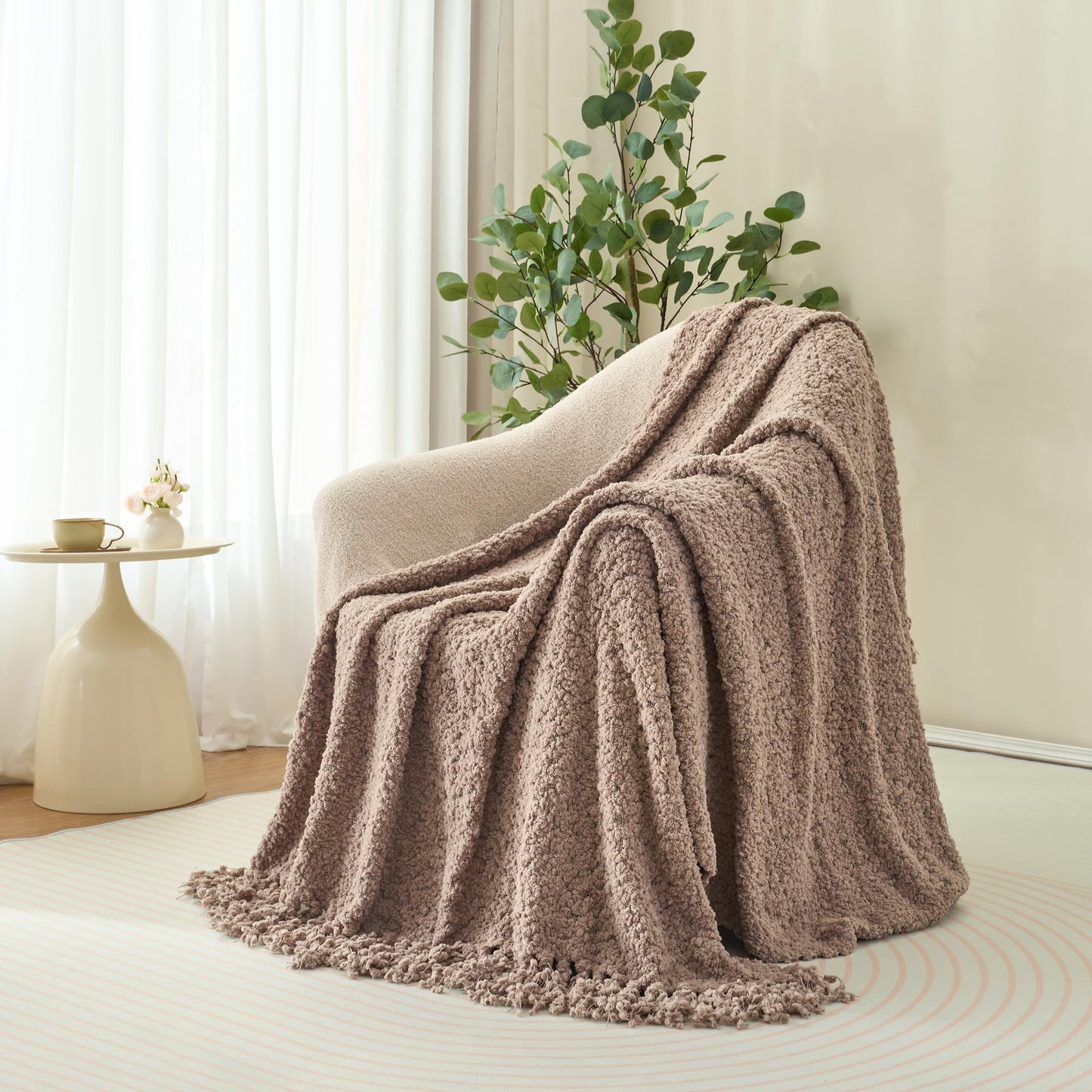 LONG CREATE Throw Blanket for Couch, Taupe Tan Luxury Knitted Throws 50"x60", Textured Blankets with Handmade Fringe Tassels for Bed Sofa Decorative, Chunky Soft Farmhouse Boho Home Decor