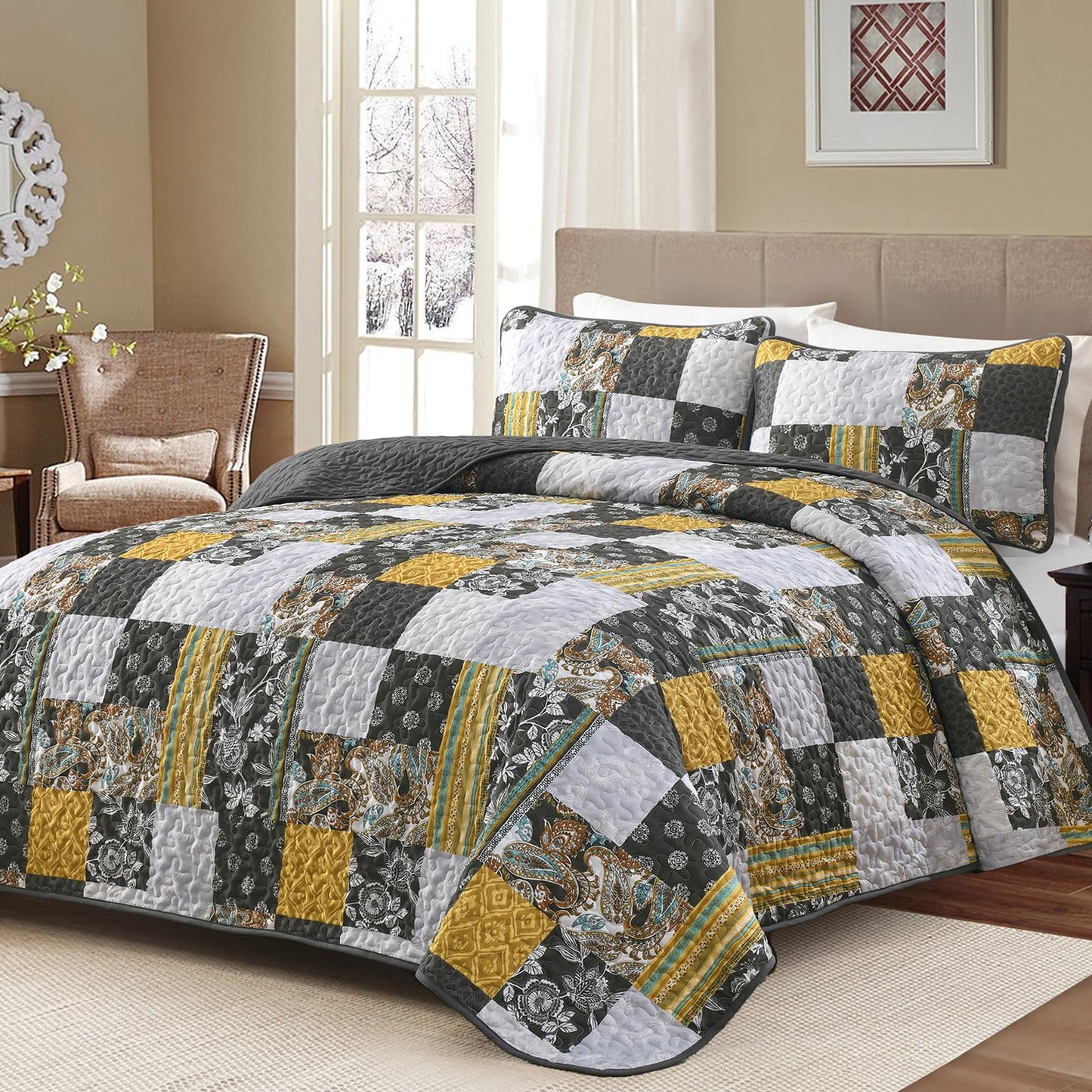 Patchwork Quilt Set King Grey Boho Bedsperad Classic Coverlet Set, 3 Pieces Bohemian Quilts Grey Yellow Bedding Set, Soft Microfiber Reversible Plaid Patchwork Bedspread for All Seaon (110''x90'')