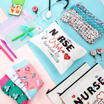 Hotop 36 Pcs Nurse Survival Kit 2026 Nurse Week Gifts Appreciation Gifts Bulk Badge Reel Makeup Bags Socks Headbands Notepads with Pen CNA Accessories for Nursing Doctors Medical Assistant Students
